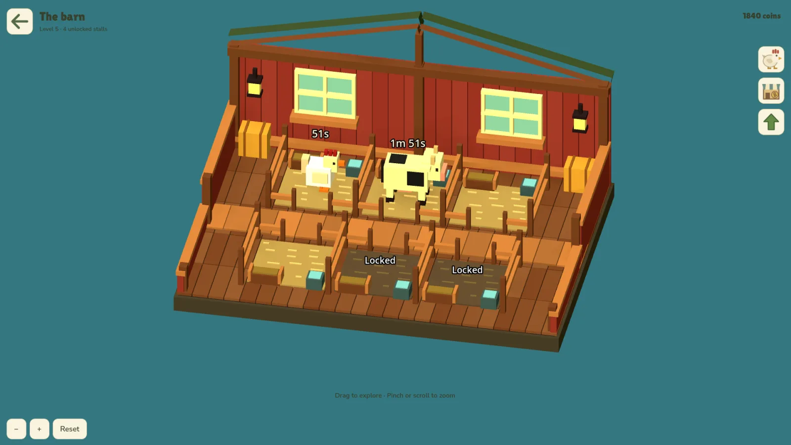 Inside the barn: a cutaway room with straw stalls, a chicken and a cow