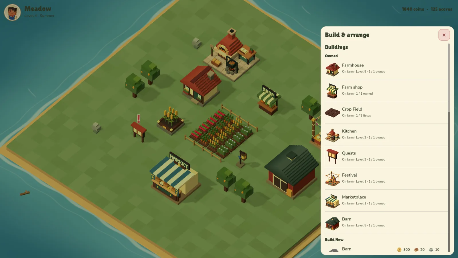 The build menu with the farmhouse, kitchen, barn and other buildings
