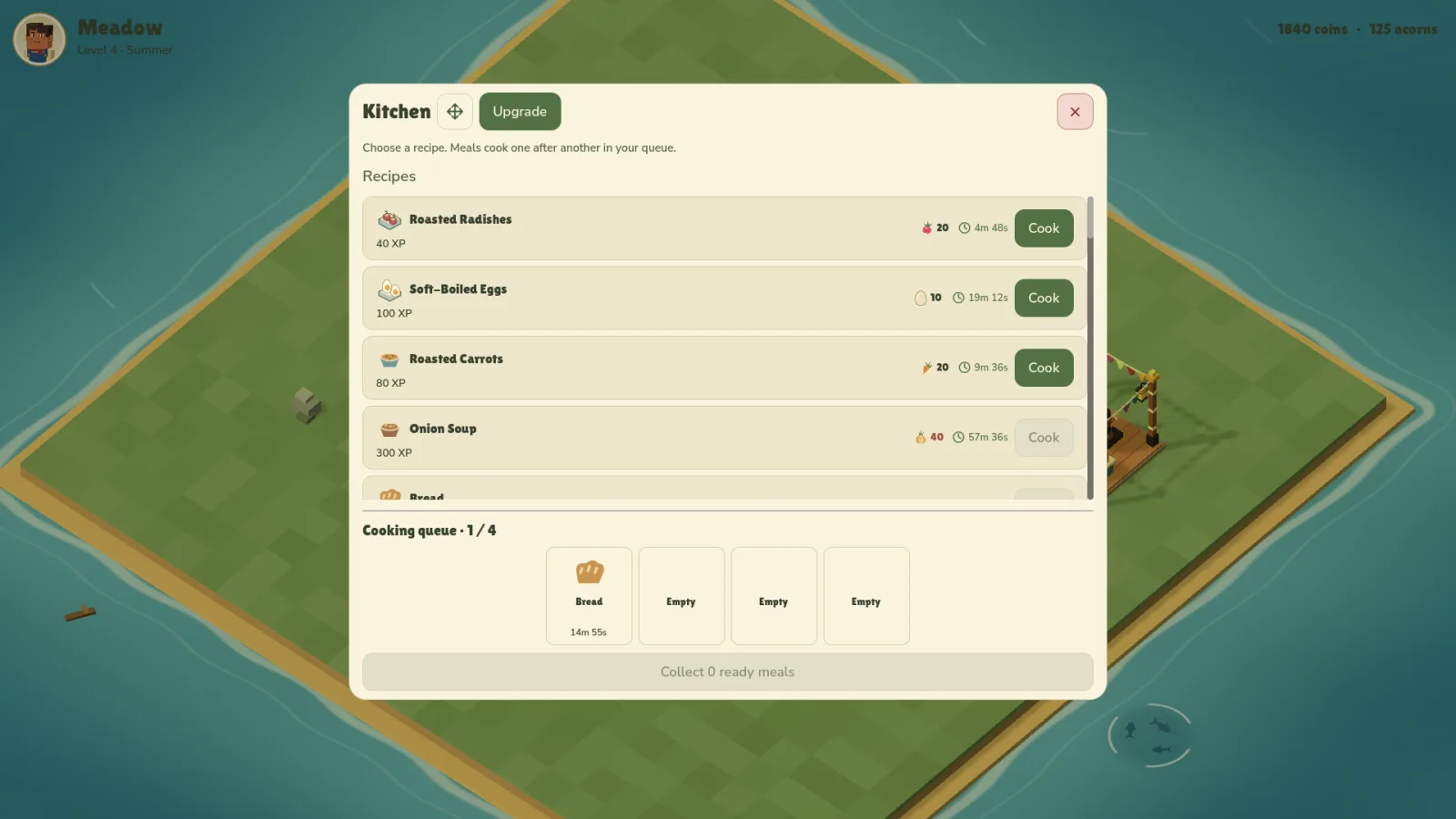 The kitchen menu listing recipes and a four-slot cooking queue